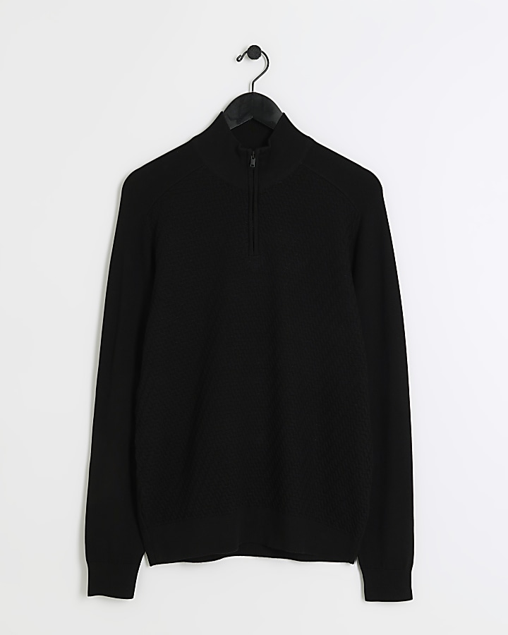 Black slim fit diagonal half zip jumper