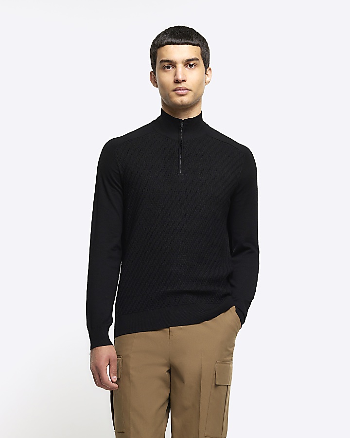 Black slim fit diagonal half zip jumper