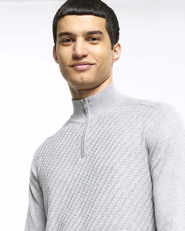 Grey slim fit diagonal half zip jumper