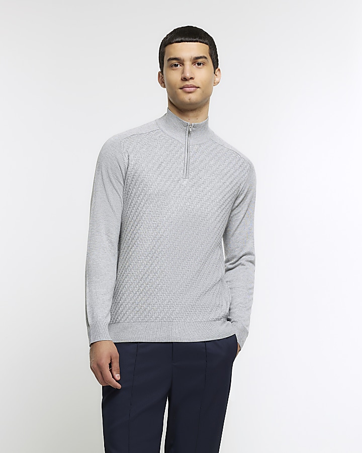 Grey slim fit diagonal half zip jumper | River Island
