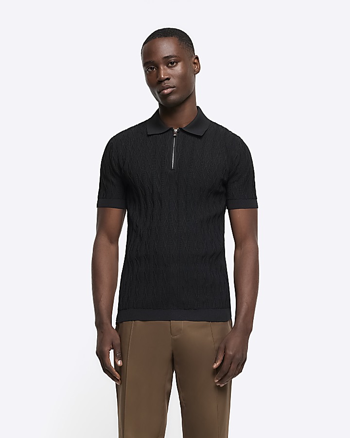 Black muscle fit cable knit half zip polo