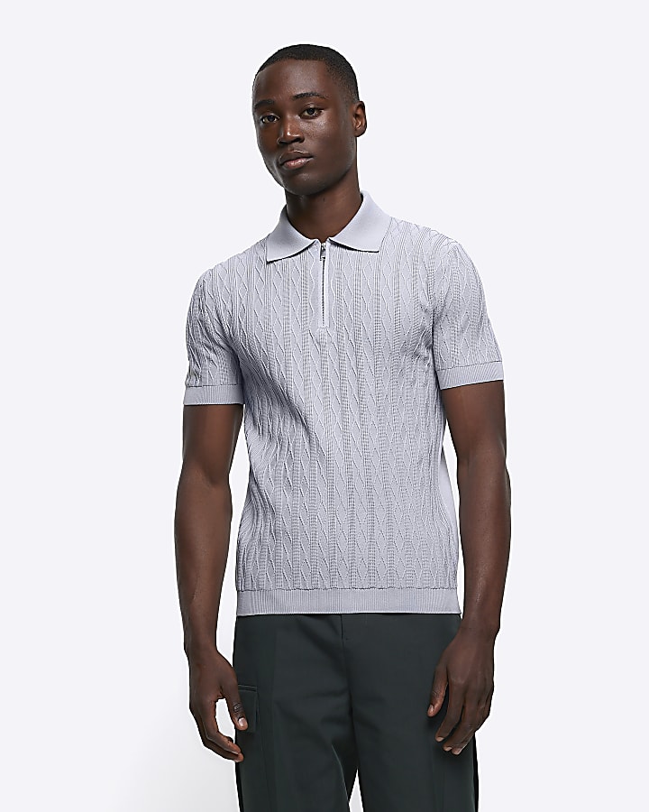 Grey muscle fit cable knit half zip polo | River Island