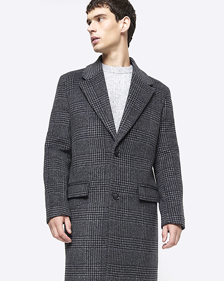 Grey regular fit wool blend check overcoat