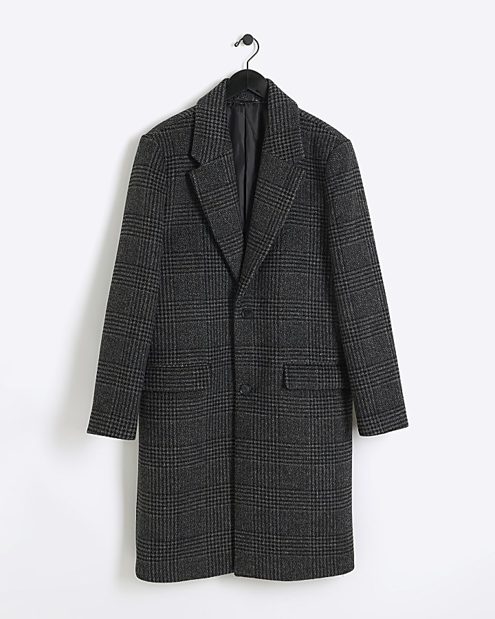 Grey regular fit wool blend check overcoat