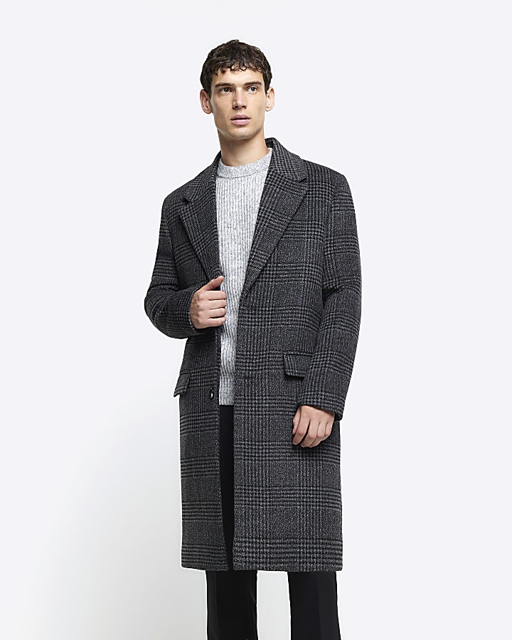 Grey regular fit wool blend check overcoat