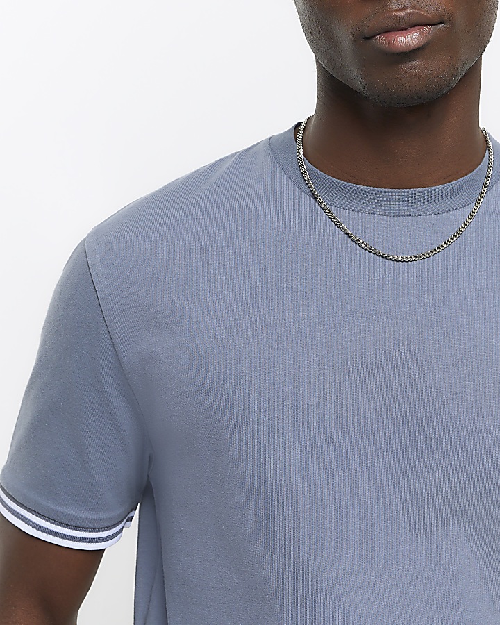 Blue slim fit taped sleeve t-shirt
