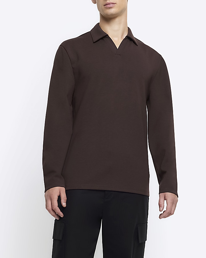 Brown slim fit open neck polo