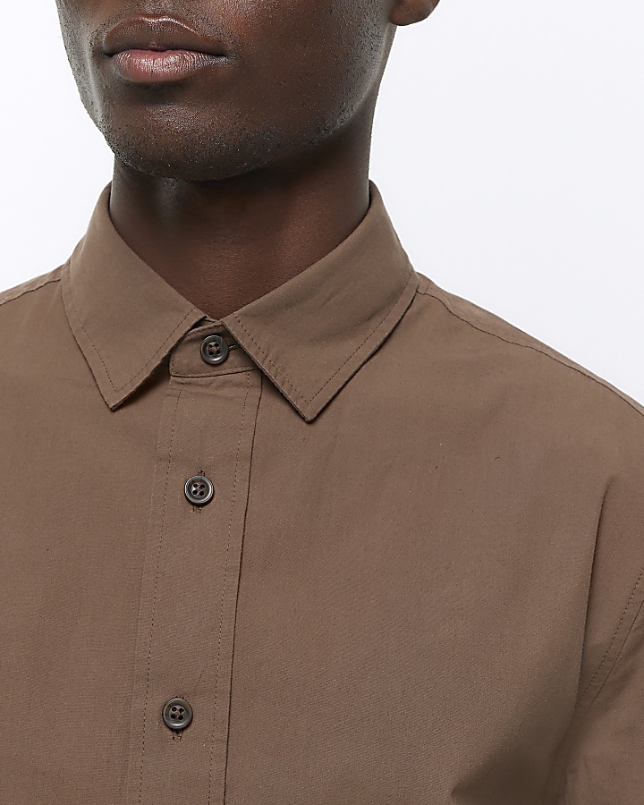 Washed brown regular fit poplin shirt | River Island