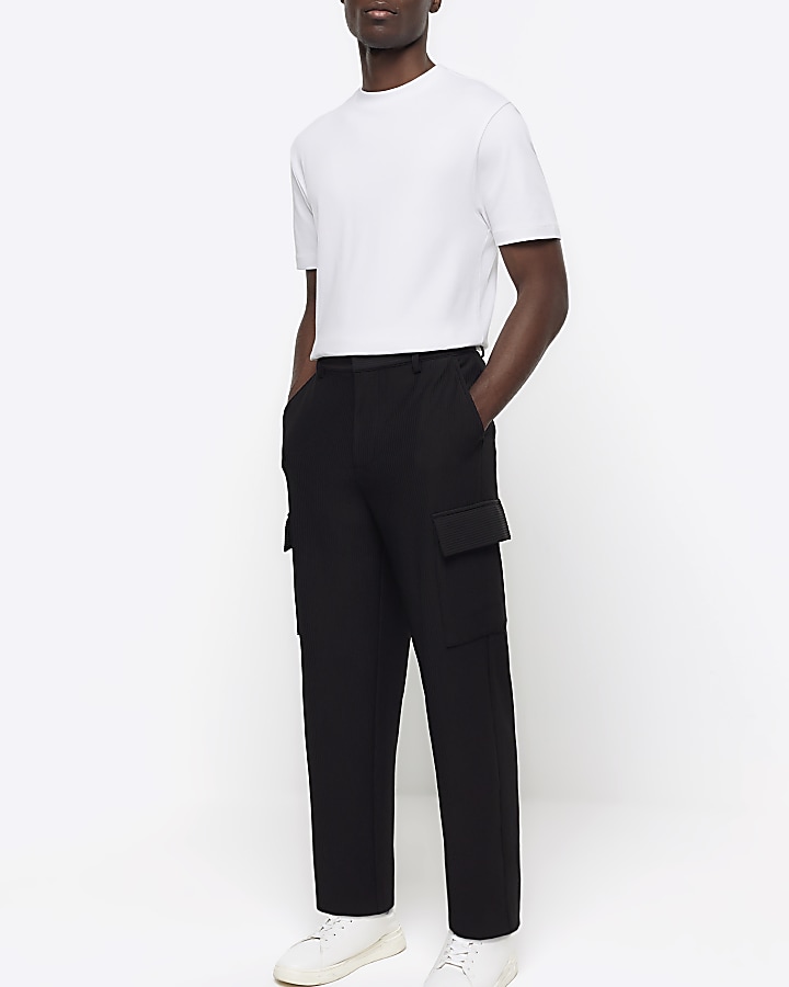 Black tapered fit plisse cargo trousers