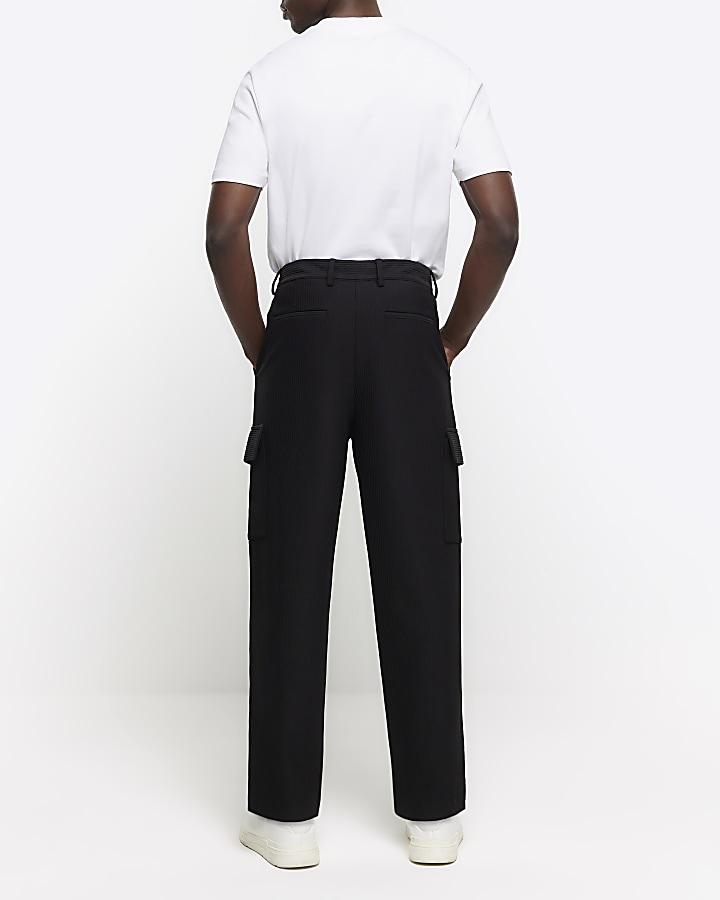 Black tapered fit plisse cargo trousers