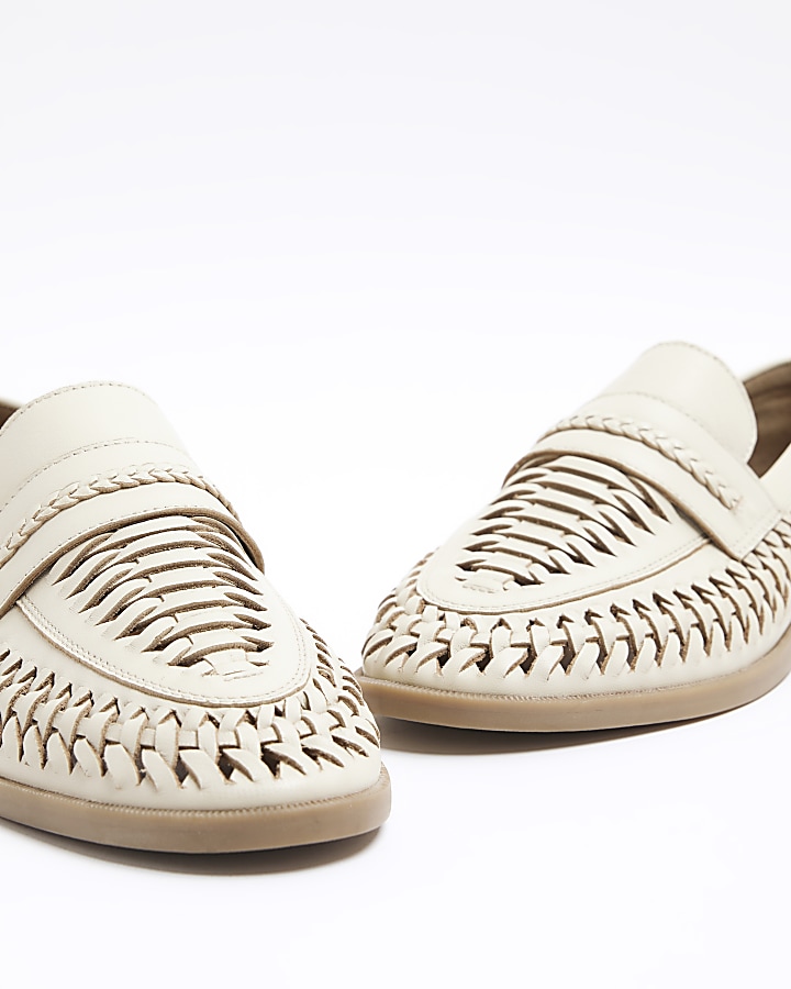 White leather woven loafers