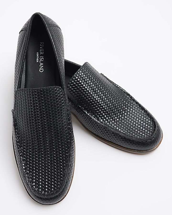 Black leather weave loafers