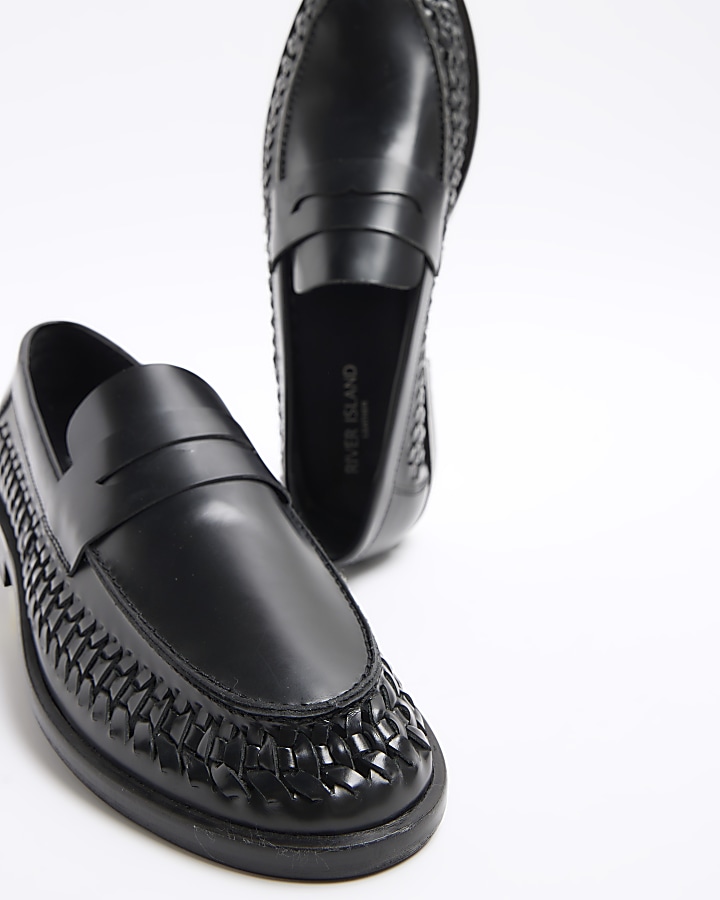 Black leather woven trim loafers