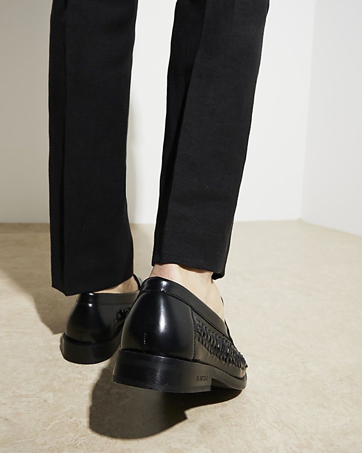 Black leather woven trim loafers