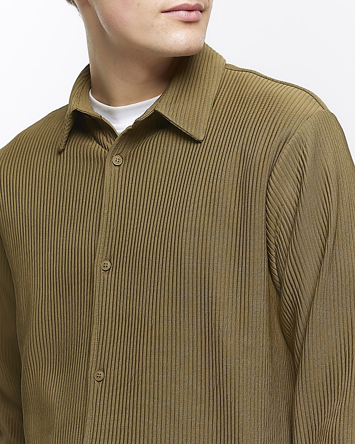 Khaki regular fit plisse long sleeve shirt