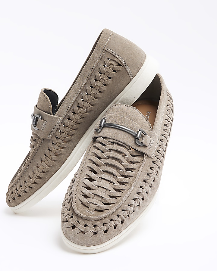 Grey suede woven chain loafers
