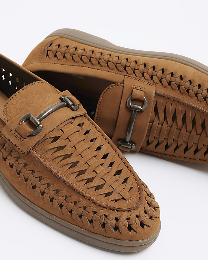 Brown suede woven chain loafers
