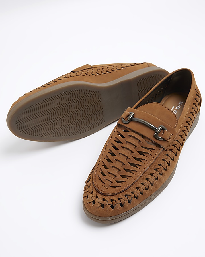 Brown suede woven chain loafers