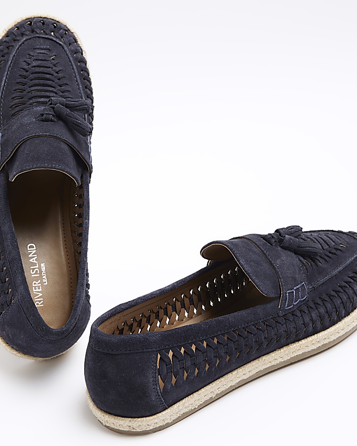 Navy suede woven loafers