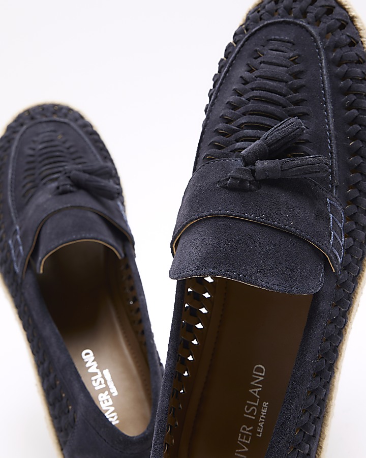 Navy suede woven loafers
