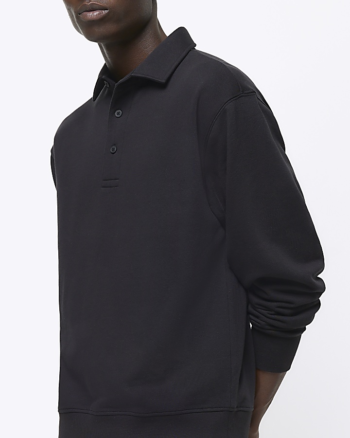 Black regular fit collared rugby polo