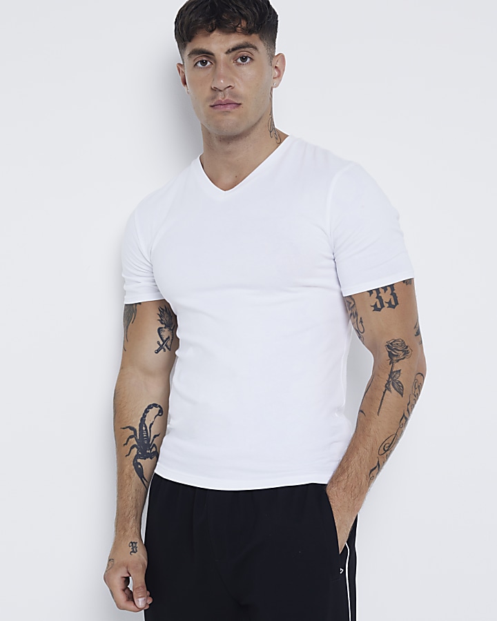 White muscle fit V neck t-shirt