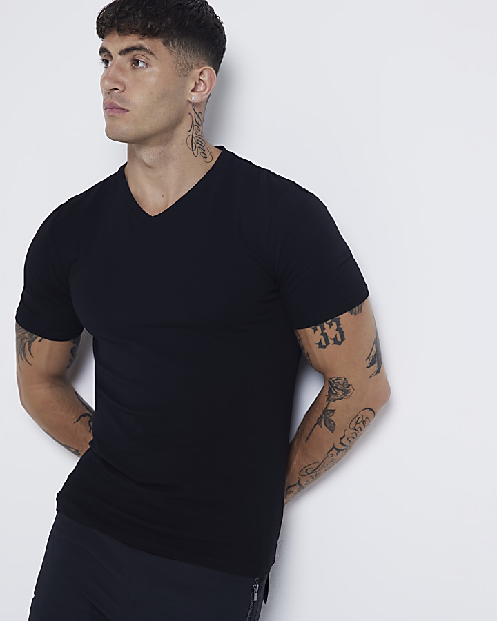 Black muscle fit V neck t-shirt