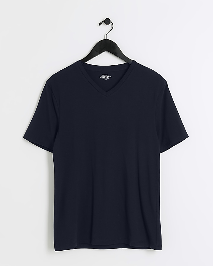 Navy muscle fit V neck t-shirt | River Island