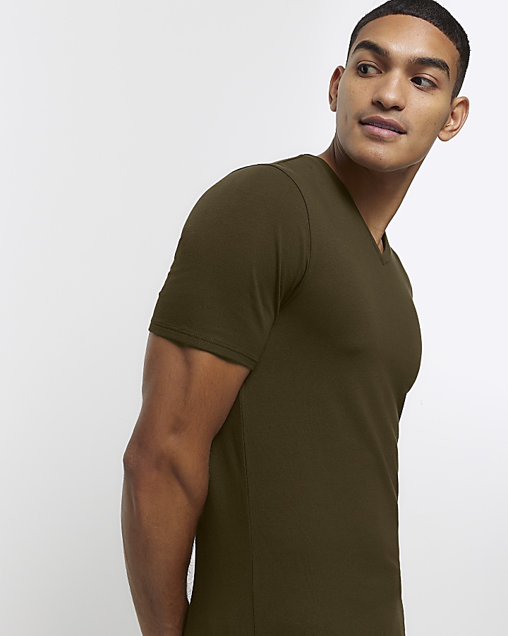 Khaki muscle fit V neck t-shirt