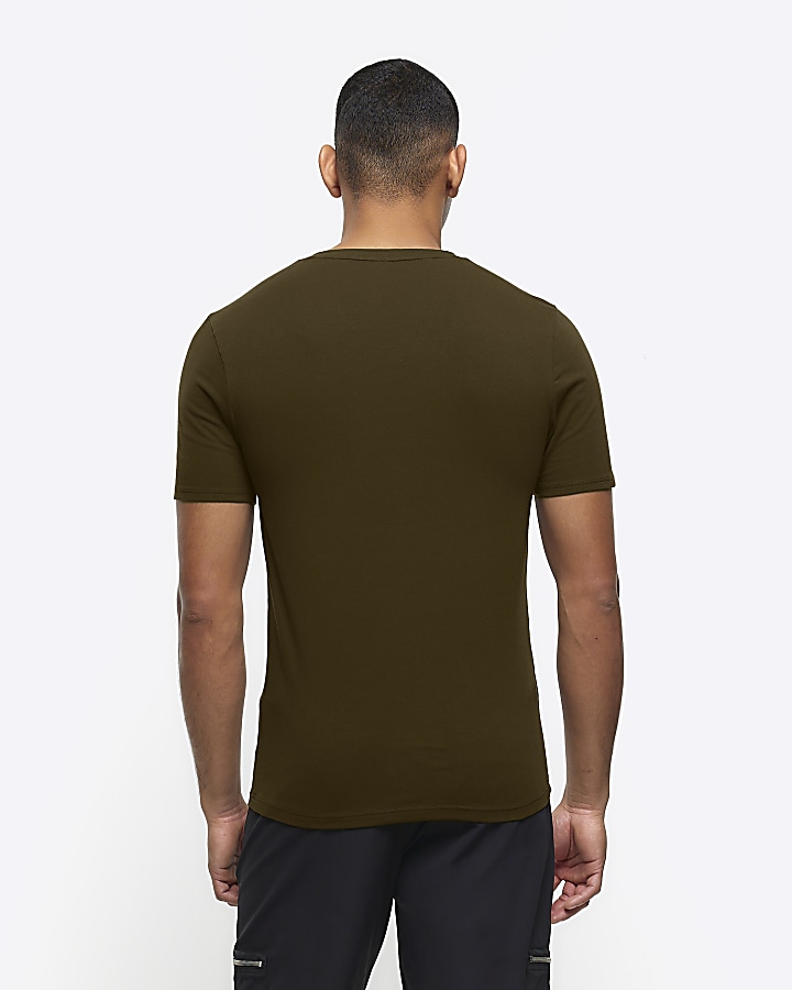 Khaki muscle fit V neck t-shirt