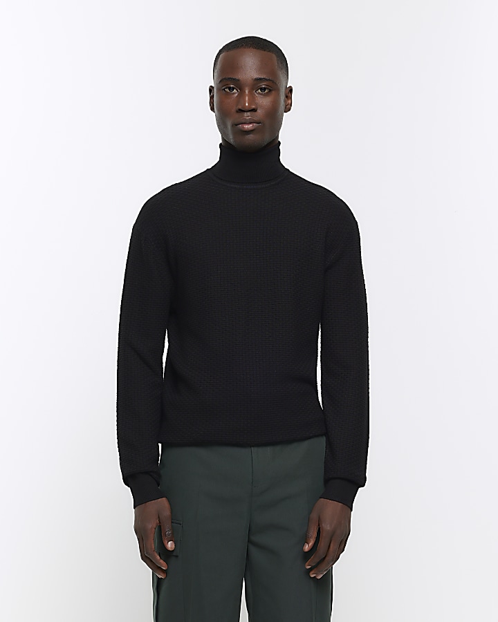 Black slim fit brick stitch jumper | River Island