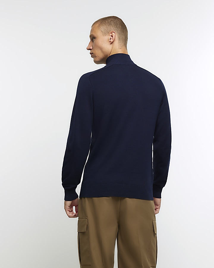 Navy slim fit diagonal half zip jumper