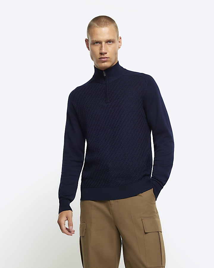 Navy slim fit diagonal half zip jumper