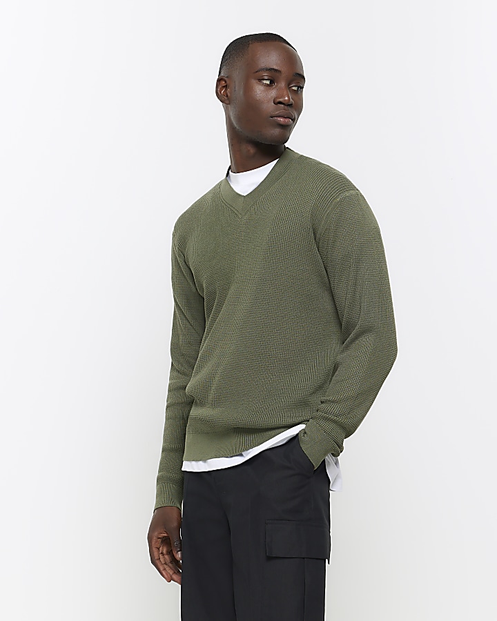 Green slim fit V neck jumper