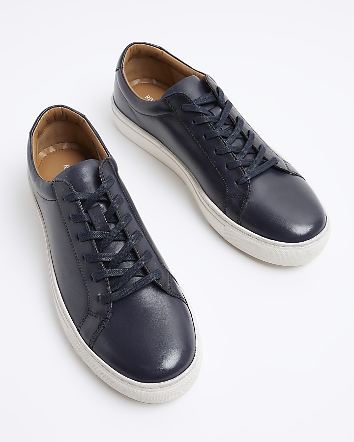 Navy leather lace up trainers