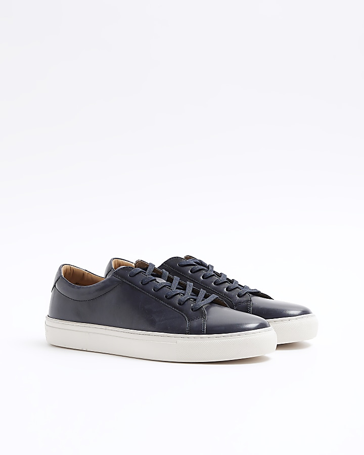 Navy leather lace up trainers