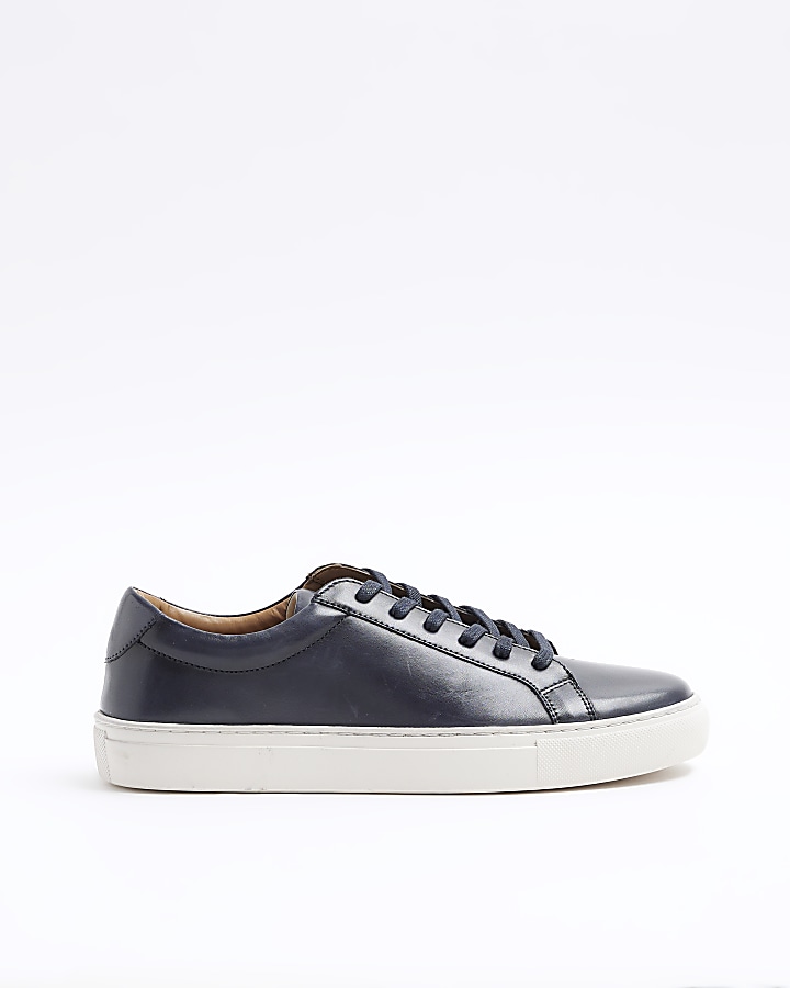 Navy leather lace up trainers | River Island