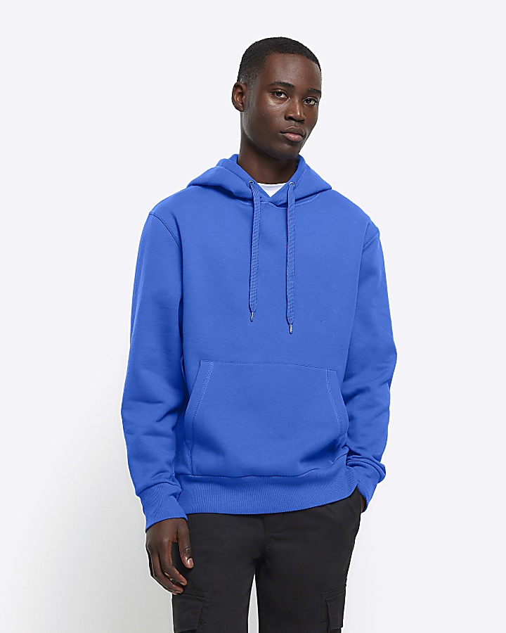 Blue regular fit plain hoodie