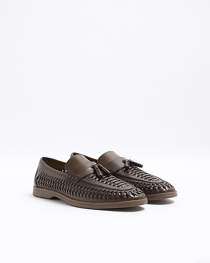 Brown leather woven tassel loafers
