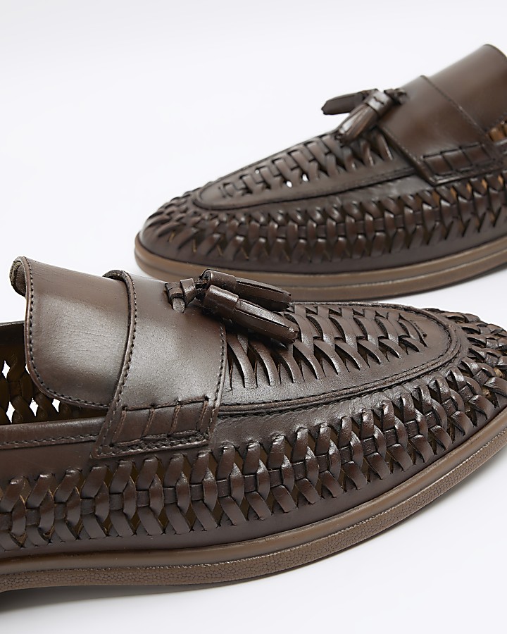 Brown leather woven tassel loafers