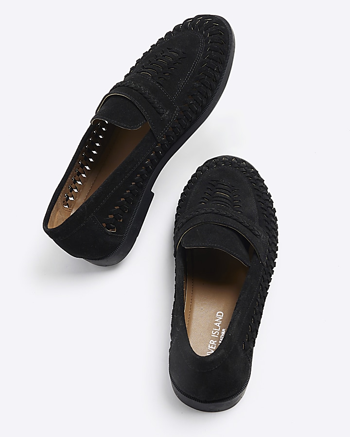 Black suede woven loafers