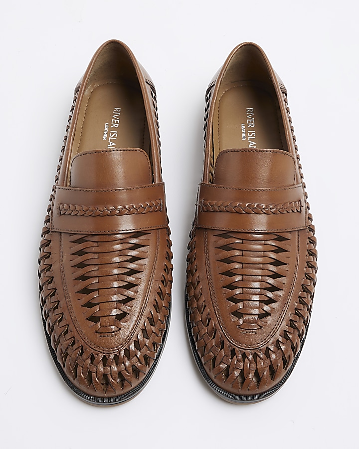 Brown leather woven loafers