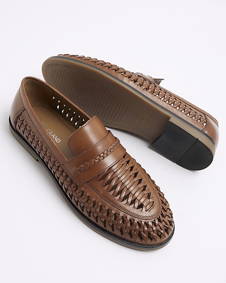 Brown leather woven loafers