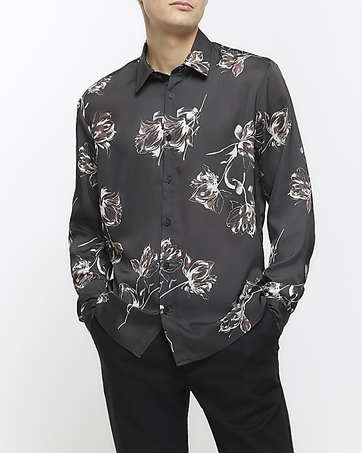 Black regular fit sateen floral shirt