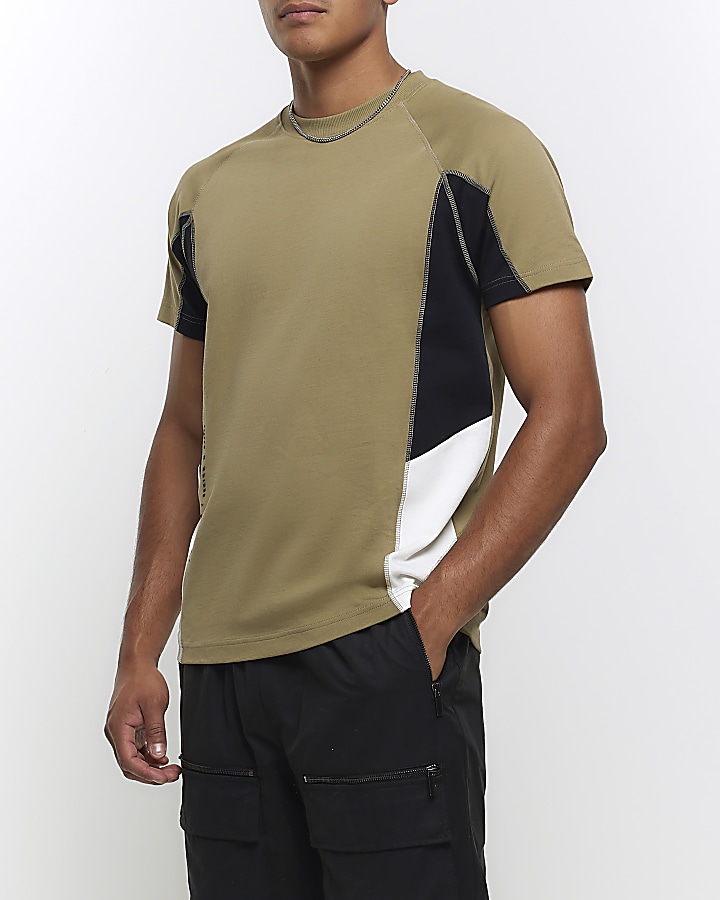 Khaki regular fit colour block t-shirt | River Island