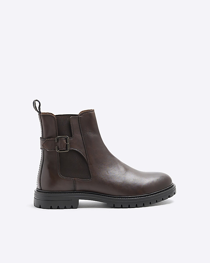 Brown leather buckle Chelsea boots