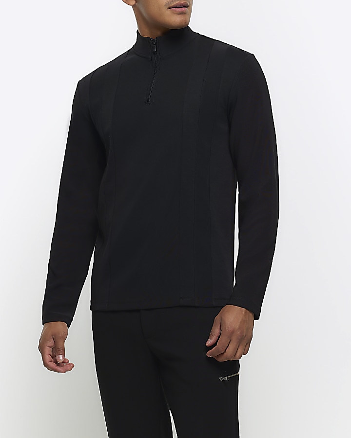 Black slim fit colour block funnel polo | River Island