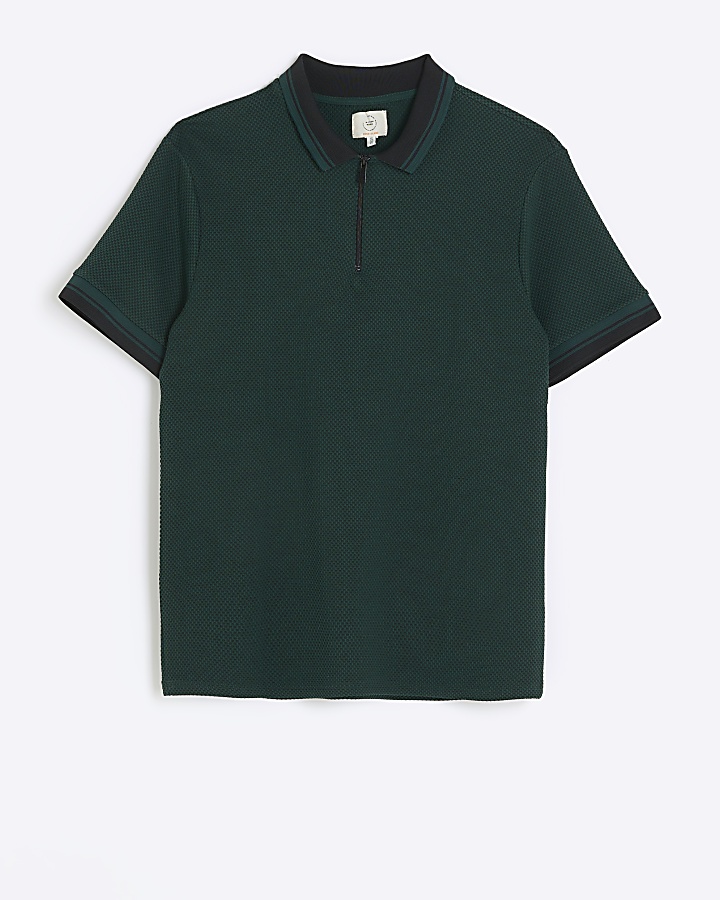Green slim fit taped collar polo | River Island