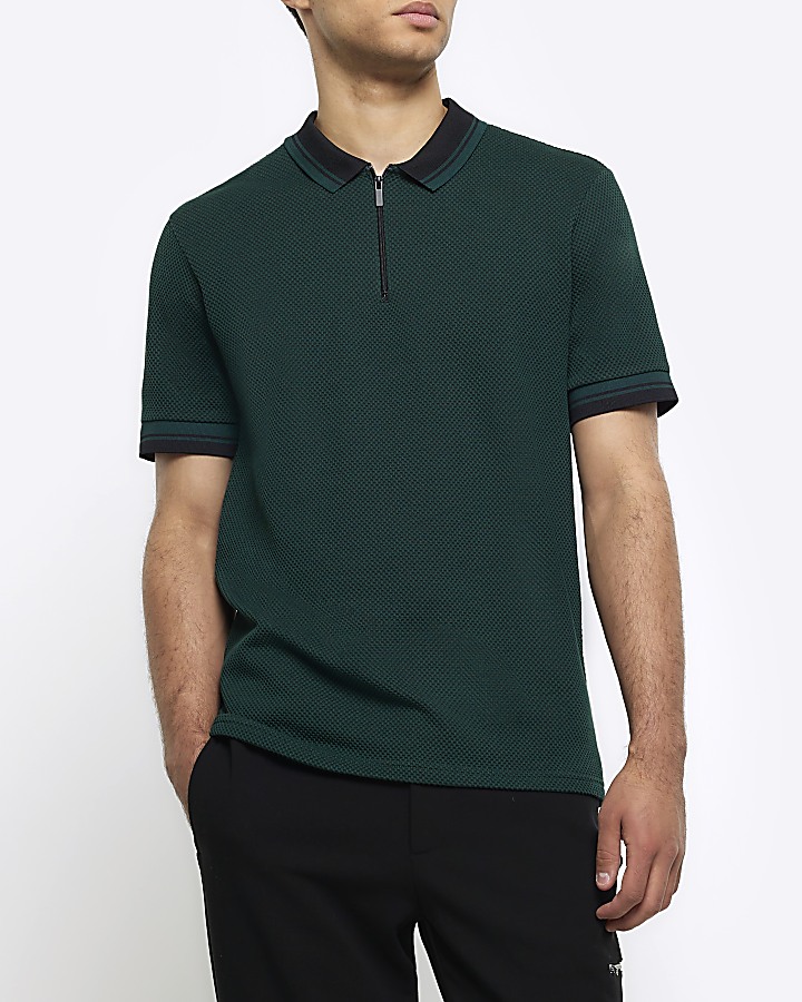 Green slim fit taped collar polo