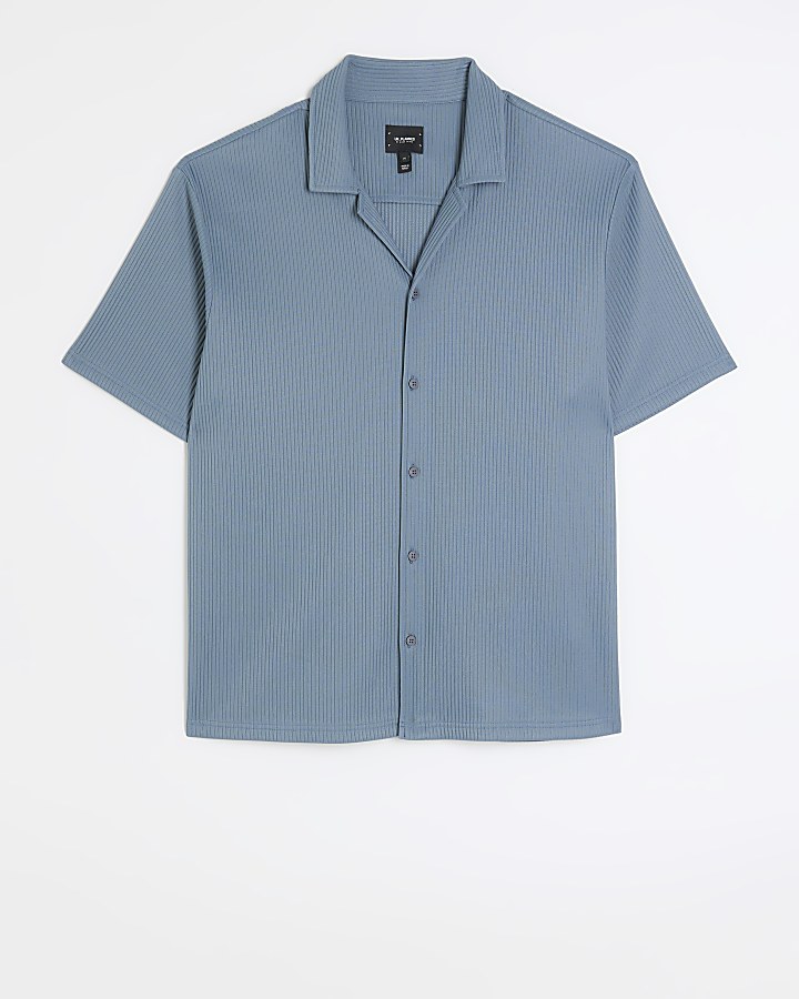 Blue regular fit plisse revere shirt